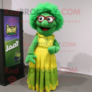 Green Jambalaya mascot costume character dressed with a Maxi Skirt and Eyeglasses