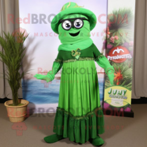 Green Jambalaya mascot costume character dressed with a Maxi Skirt and Eyeglasses