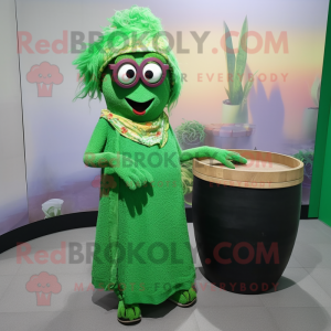 Green Jambalaya mascot costume character dressed with a Maxi Skirt and Eyeglasses