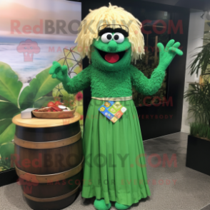 Green Jambalaya mascot costume character dressed with a Maxi Skirt and Eyeglasses