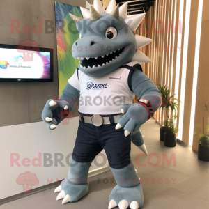 Gray Stegosaurus mascot costume character dressed with a Flare Jeans and Smartwatches