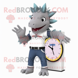 Gray Stegosaurus mascot costume character dressed with a Flare Jeans and Smartwatches