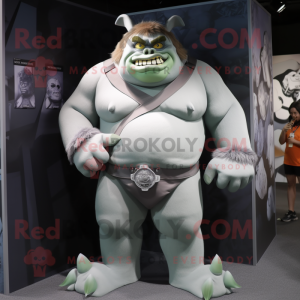 Silver Ogre mascot costume character dressed with a Bikini and Suspenders