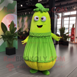 Lime Green Zucchini mascot costume character dressed with a Midi Dress and Hairpins