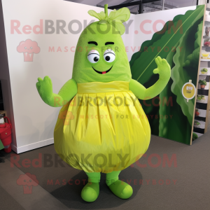 Lime Green Zucchini mascot costume character dressed with a Midi Dress and Hairpins