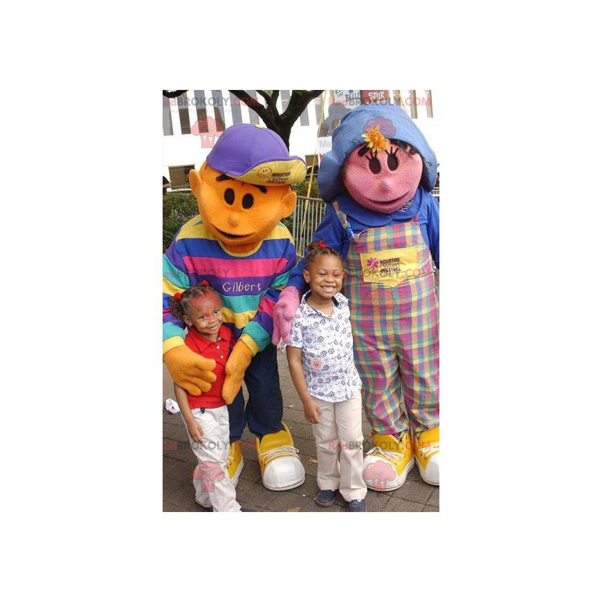 2 mascottes: een roze meisje en een oranje jongen -