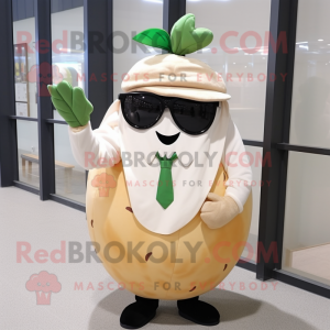 Beige Melon mascot costume character dressed with a Culottes and Sunglasses