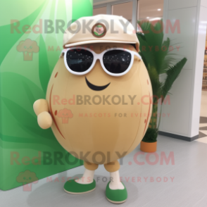 Beige Melon mascot costume character dressed with a Culottes and Sunglasses