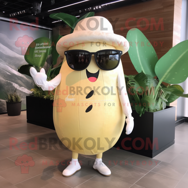 Beige Melon mascot costume character dressed with a Culottes and Sunglasses