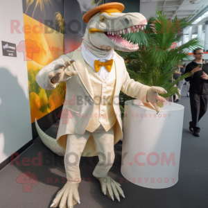 Cream Spinosaurus mascot costume character dressed with a Suit and Caps