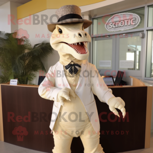 Cream Spinosaurus mascot costume character dressed with a Suit and Caps