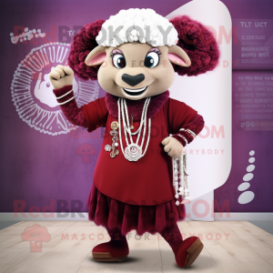 Maroon Ram mascot costume character dressed with a Maxi Skirt and Necklaces