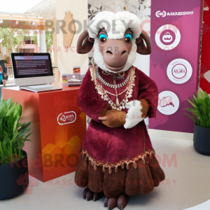 Maroon Ram mascot costume character dressed with a Maxi Skirt and Necklaces