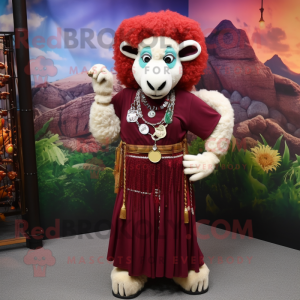 Maroon Ram mascot costume character dressed with a Maxi Skirt and Necklaces
