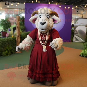 Maroon Ram mascot costume character dressed with a Maxi Skirt and Necklaces