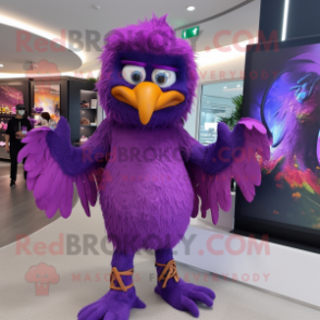 Purple Harpy mascot costume character dressed with a Jumpsuit and Bracelets