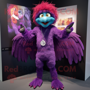 Purple Harpy mascot costume character dressed with a Jumpsuit and Bracelets