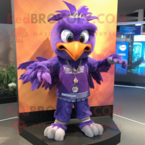 Purple Harpy mascot costume character dressed with a Jumpsuit and Bracelets
