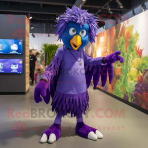 Purple Harpy mascot costume character dressed with a Jumpsuit and Bracelets