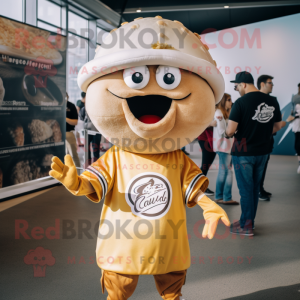 Gold Clam Chowder mascot costume character dressed with a Graphic Tee and Berets