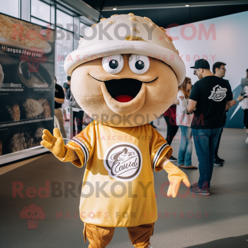 Gold Clam Chowder mascot costume character dressed with a Graphic Tee and Berets Gold Clam Chowder mascot costume character dressed with a Graphic Tee and Berets