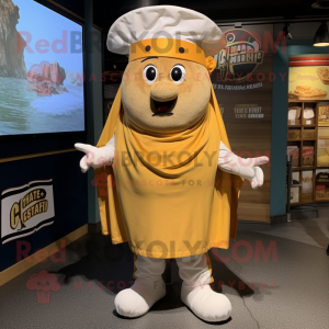 Gold Clam Chowder mascot costume character dressed with a Graphic Tee and Berets
