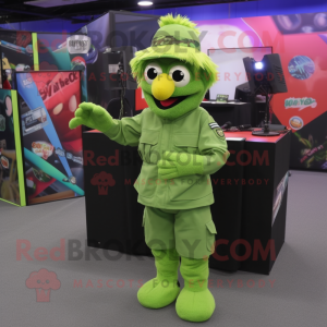 Lime Green Para Commando mascot costume character dressed with a Long Sleeve Tee and Hair clips