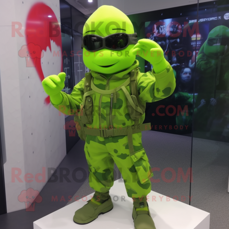 Lime Green Para Commando mascot costume character dressed with a Long Sleeve Tee and Hair clips