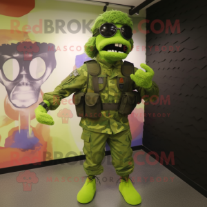 Lime Green Para Commando mascot costume character dressed with a Long Sleeve Tee and Hair clips