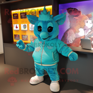 Turquoise Goulash mascot costume character dressed with a Bomber Jacket and Wallets