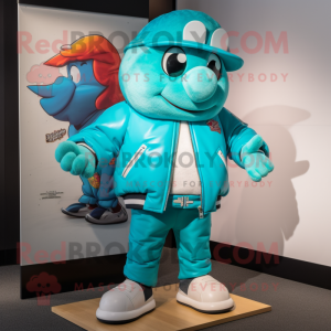 Turquoise Goulash mascot costume character dressed with a Bomber Jacket and Wallets