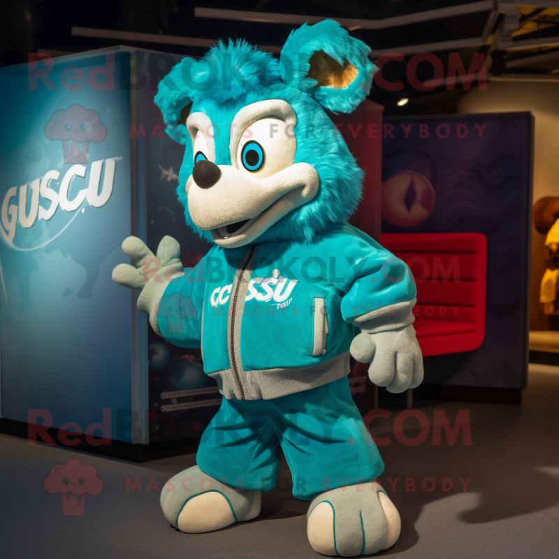 Turquoise Goulash mascot costume character dressed with a Bomber Jacket and Wallets