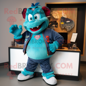 Turquoise Goulash mascot costume character dressed with a Bomber Jacket and Wallets