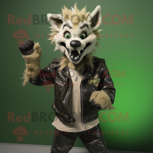 Olive Hyena mascot costume character dressed with a Biker Jacket and Suspenders