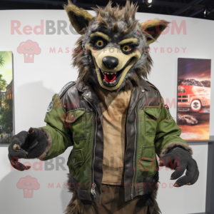 Olive Hyena mascot costume character dressed with a Biker Jacket and Suspenders