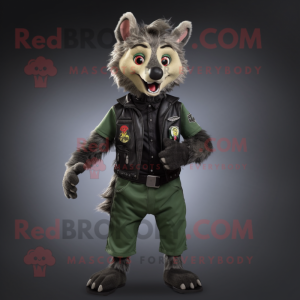 Olive Hyena mascot costume character dressed with a Biker Jacket and Suspenders