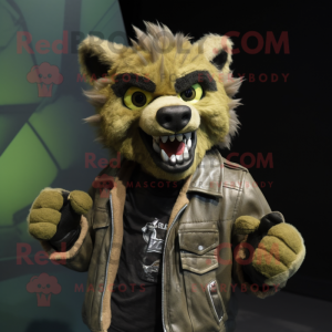 Olive Hyena mascot costume character dressed with a Biker Jacket and Suspenders