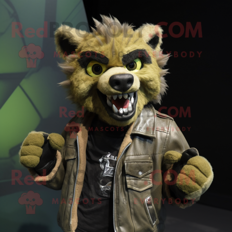 Olive Hyena mascot costume character dressed with a Biker Jacket and Suspenders Olive Hyena mascot costume character dressed with a Biker Jacket and Suspenders
