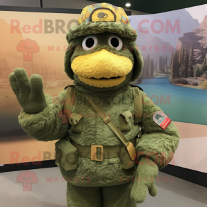 Gold Green Beret mascot costume character dressed with a Cardigan and Mittens