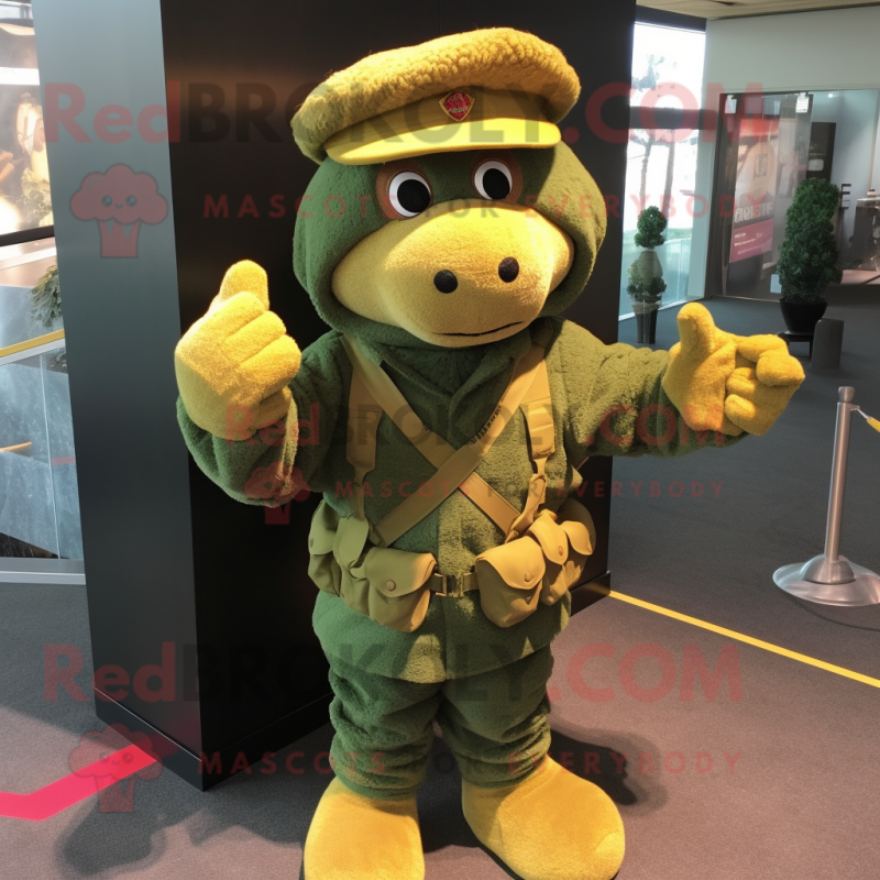 Gold Green Beret mascot costume character dressed with a Cardigan and Mittens Gold Green Beret mascot costume character dressed with a Cardigan and Mittens