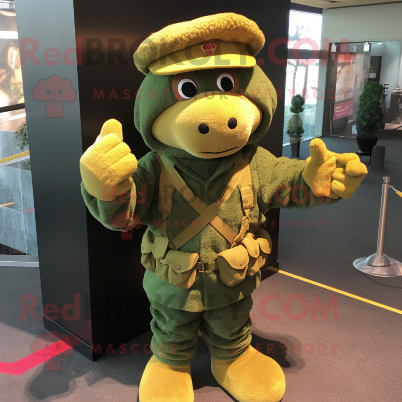 Gold Green Beret mascot costume character dressed with a Cardigan and Mittens