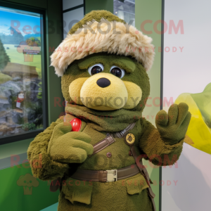 Gold Green Beret mascot costume character dressed with a Cardigan and Mittens
