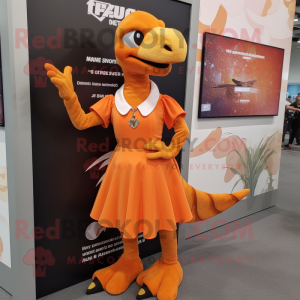 Orange Utahraptor mascot costume character dressed with a Mini Dress and Lapel pins