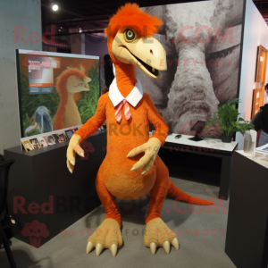 Orange Utahraptor mascot costume character dressed with a Mini Dress and Lapel pins