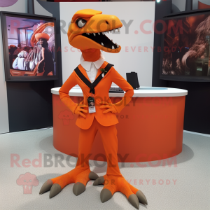 Orange Utahraptor mascot costume character dressed with a Mini Dress and Lapel pins