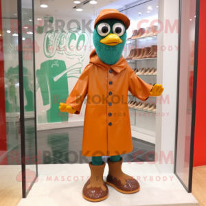 Rust Peacock mascot costume character dressed with a Raincoat and Shoe laces