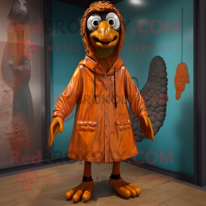 Rust Peacock mascot costume character dressed with a Raincoat and Shoe laces