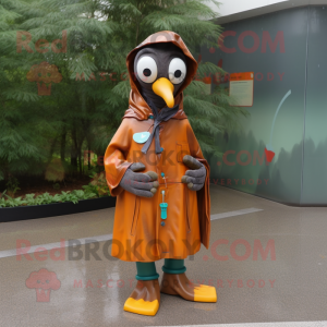 Rust Peacock mascot costume character dressed with a Raincoat and Shoe laces