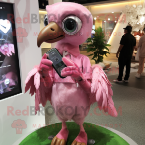 Pink Archeopteryx mascot costume character dressed with a Midi Dress and Smartwatches