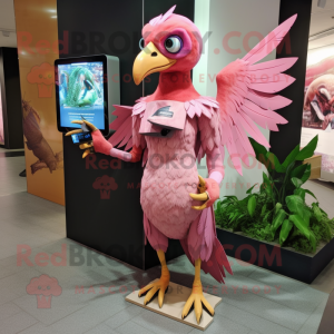 Pink Archeopteryx mascot costume character dressed with a Midi Dress and Smartwatches